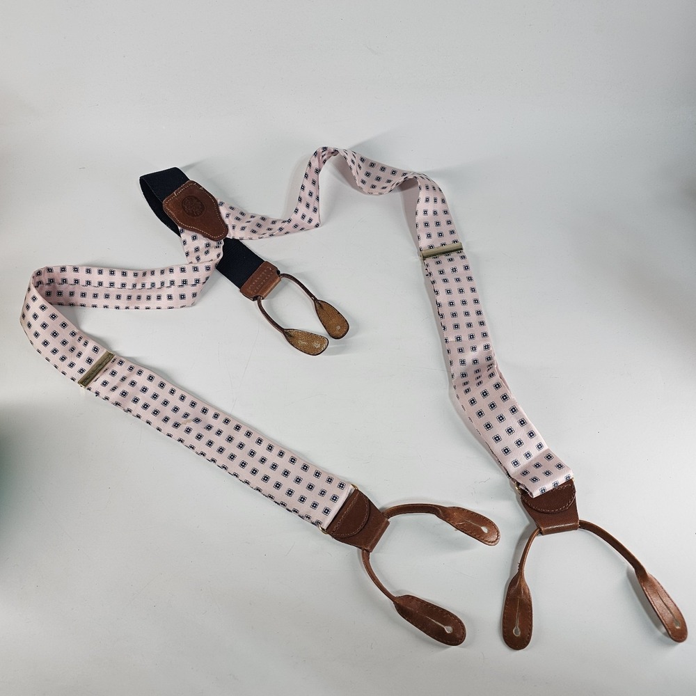 Vintage Liberty Silk Suspenders Pink Blue Geometric Leather Button Adjustable